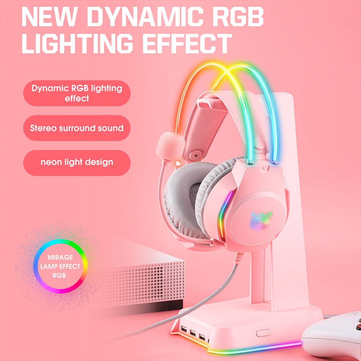 ONIKUMA X26 Cat Ear RGB Gaming Headset showcasing dynamic RGB lighting, stereo surround sound, and a neon light design for an enhanced gaming experience.